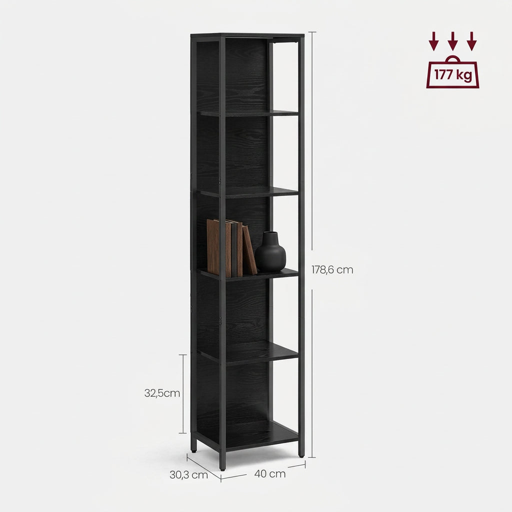 Boekenkast Nova met LED-verlichting – Zwart – 40x30,3x178,6 cm - Industrieelinhuis.nl