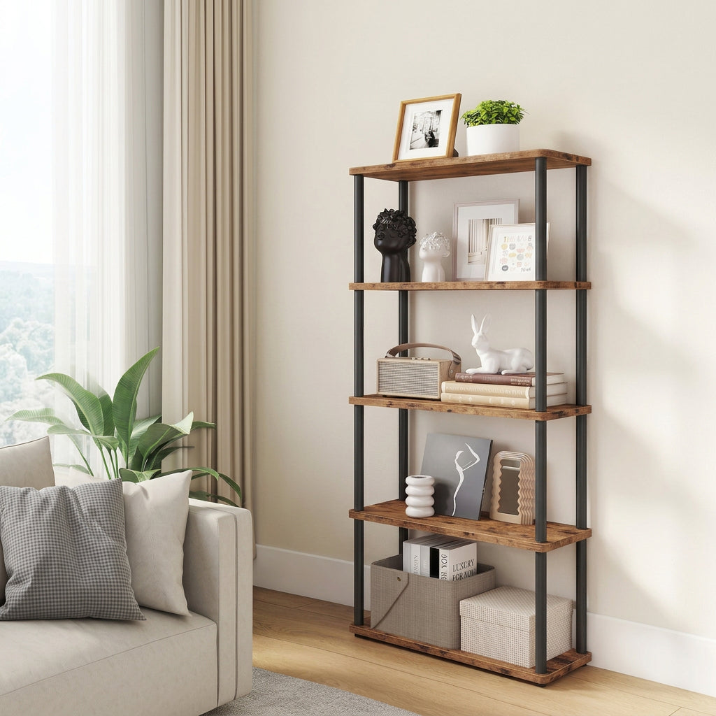 Open Boekenkast Milan met 5 Planken – Rustiek Bruin/Zwart – 60x23,8x139 cm - Industrieelinhuis.nl