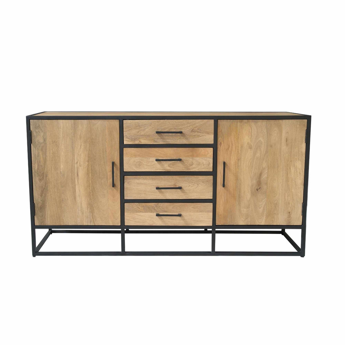 Dressoir Dakota 165 cm – Massief Mangohout met Zwart Metalen Frame – 4 Lades & 2 Deuren – Industrieel Design - Industrieelinhuis.nl