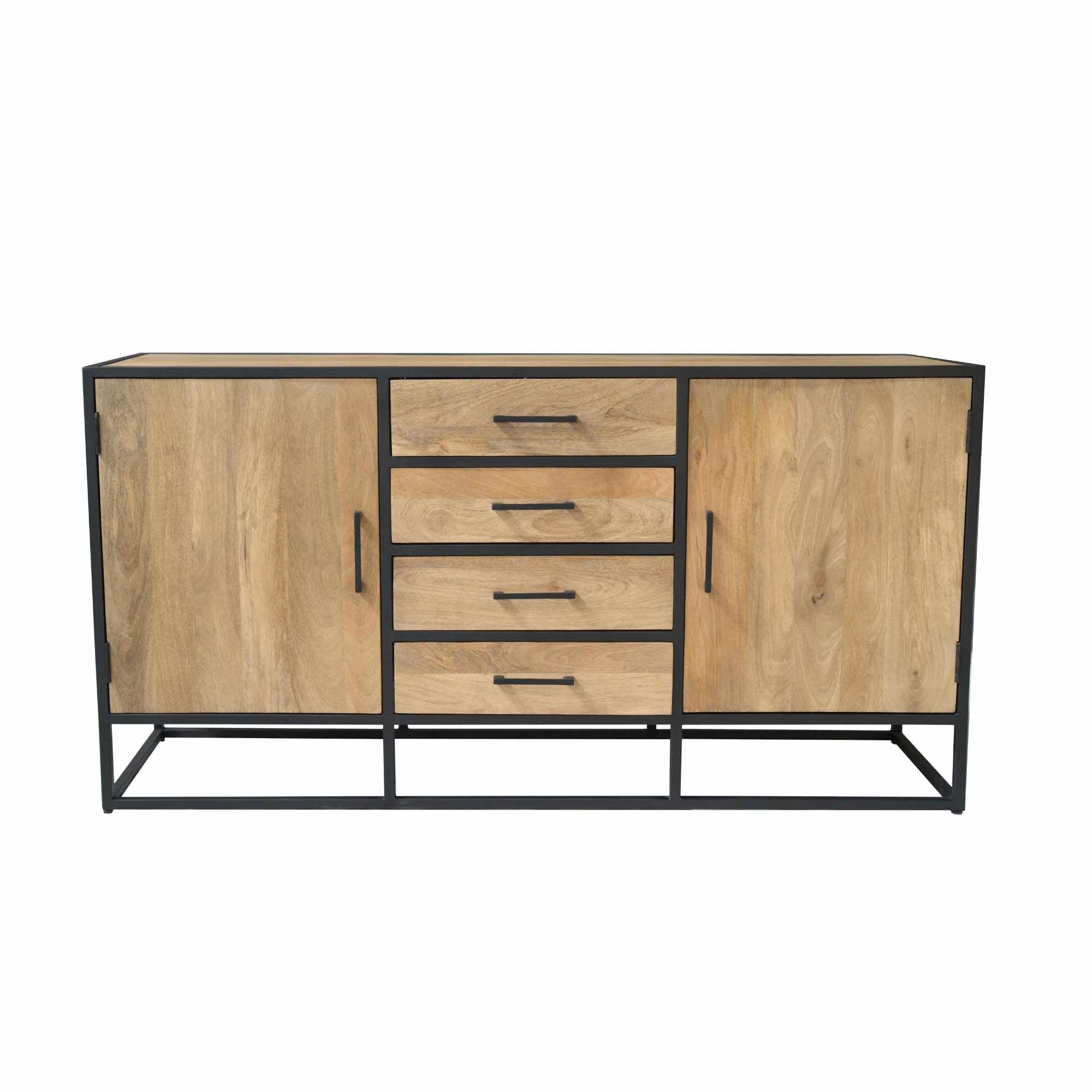 Dressoir Dakota 165 cm – Massief Mangohout met Zwart Metalen Frame – 4 Lades & 2 Deuren – Industrieel Design - Industrieelinhuis.nl