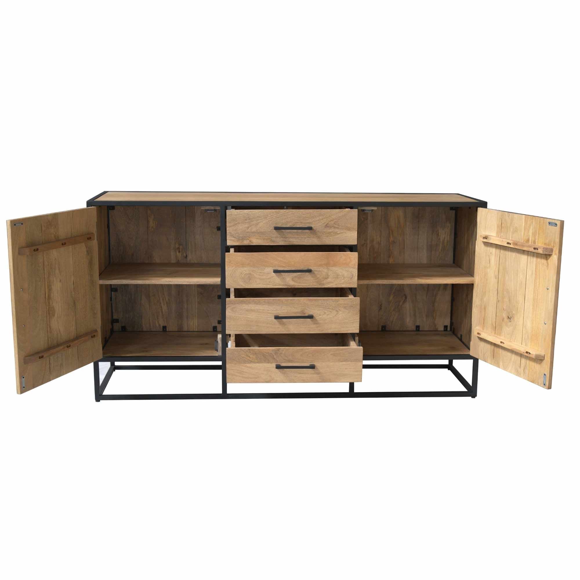 Dressoir Dakota 165 cm – Massief Mangohout met Zwart Metalen Frame – 4 Lades & 2 Deuren – Industrieel Design - Industrieelinhuis.nl