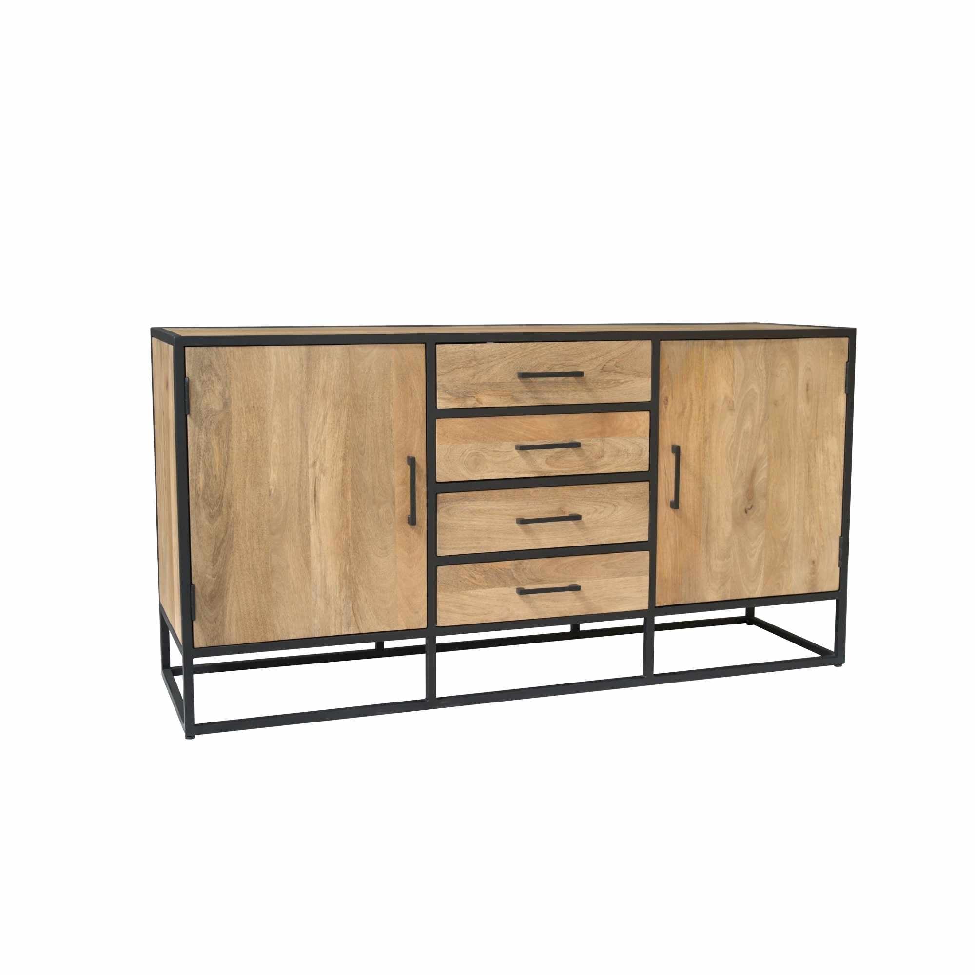 Dressoir Dakota 165 cm – Massief Mangohout met Zwart Metalen Frame – 4 Lades & 2 Deuren – Industrieel Design - Industrieelinhuis.nl
