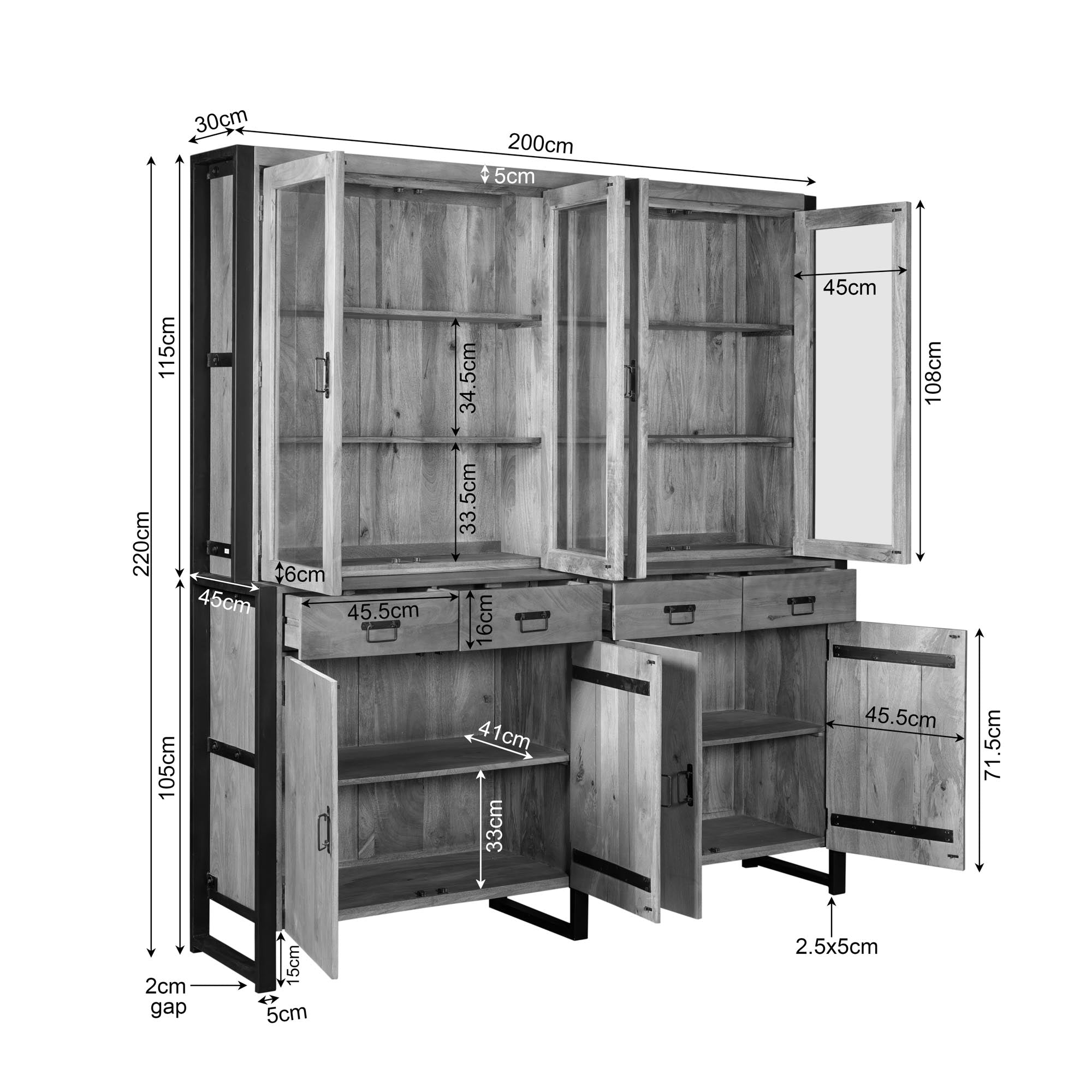 Vitrinekast Britt XXL | 200 cm - Industrieelinhuis.nl
