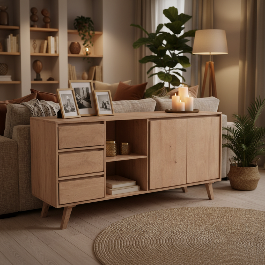 Dressoir Bibi – Scandinavisch Vintage Design met Veel Opbergruimte | 180×90×40 cm | Lichte Houtkleur & Schuine Pootjes