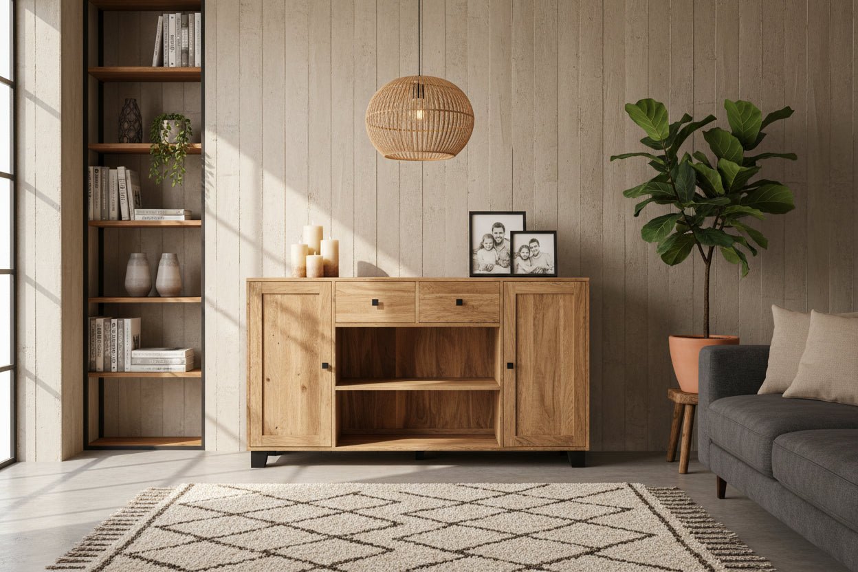 Sidetable wandmeubel met lades en deuren | 140 x 40 x 80 cm | Mangohout - Industrieelinhuis.nl