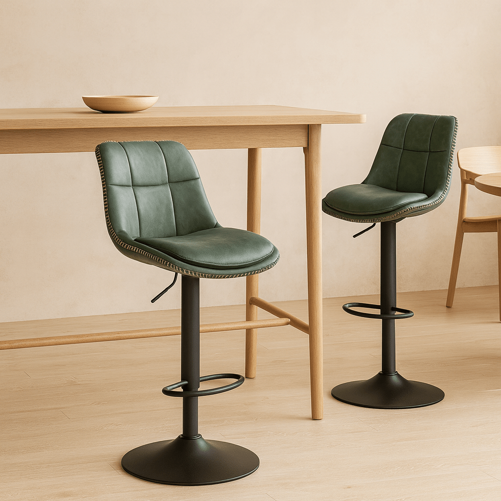 Barkrukken Set van 2 – Verstelbare draaibare keukenstoelen met rugleuning, voetensteun en PU-leren zitting in bosgroen