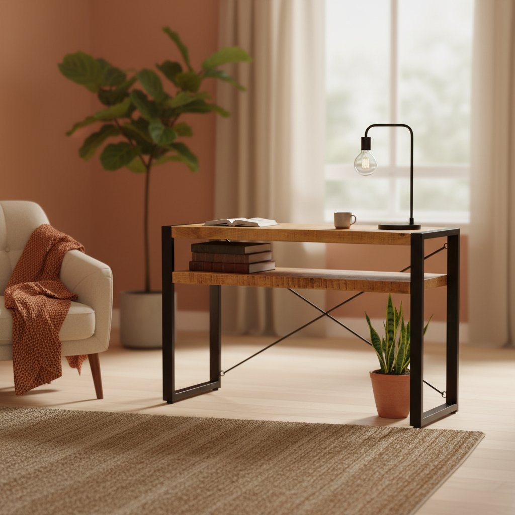 Sidetable industrieel Britt met schap | Mangohout en Staal | 120 x 35 x 76cm