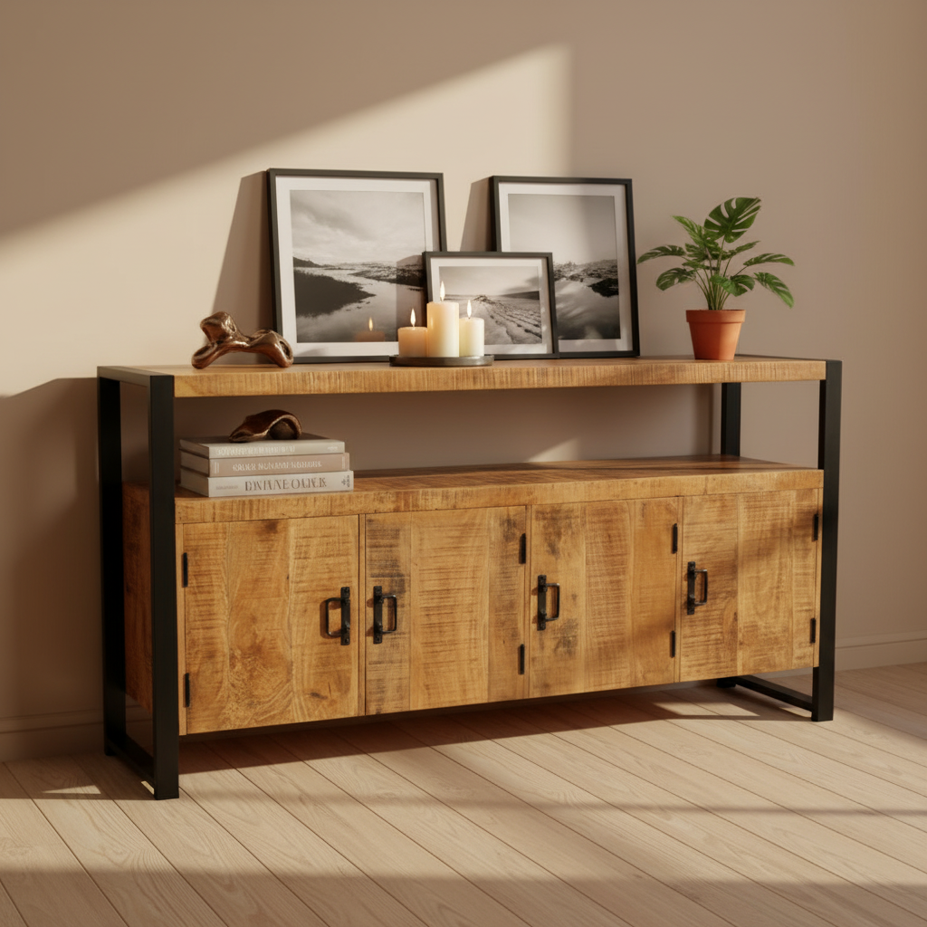 Sidetable Bink – Industrieel Mangohout & Zwart Staal | 4 Deuren | 175×45×90 cm