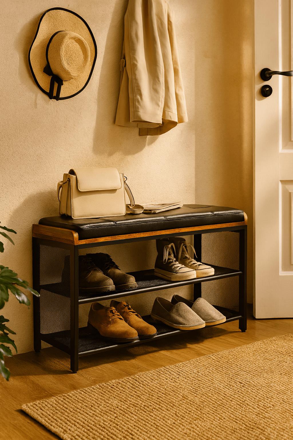 Schoenenrek industrieel met bank | Houtlook en Staal | 80x30x48cm - Industrieelinhuis.nl