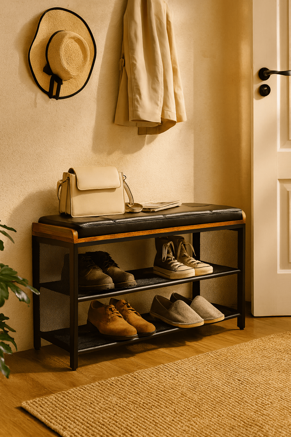 Schoenenrek industrieel met bank | Houtlook en Staal | 80x30x48cm - Industrieelinhuis.nl