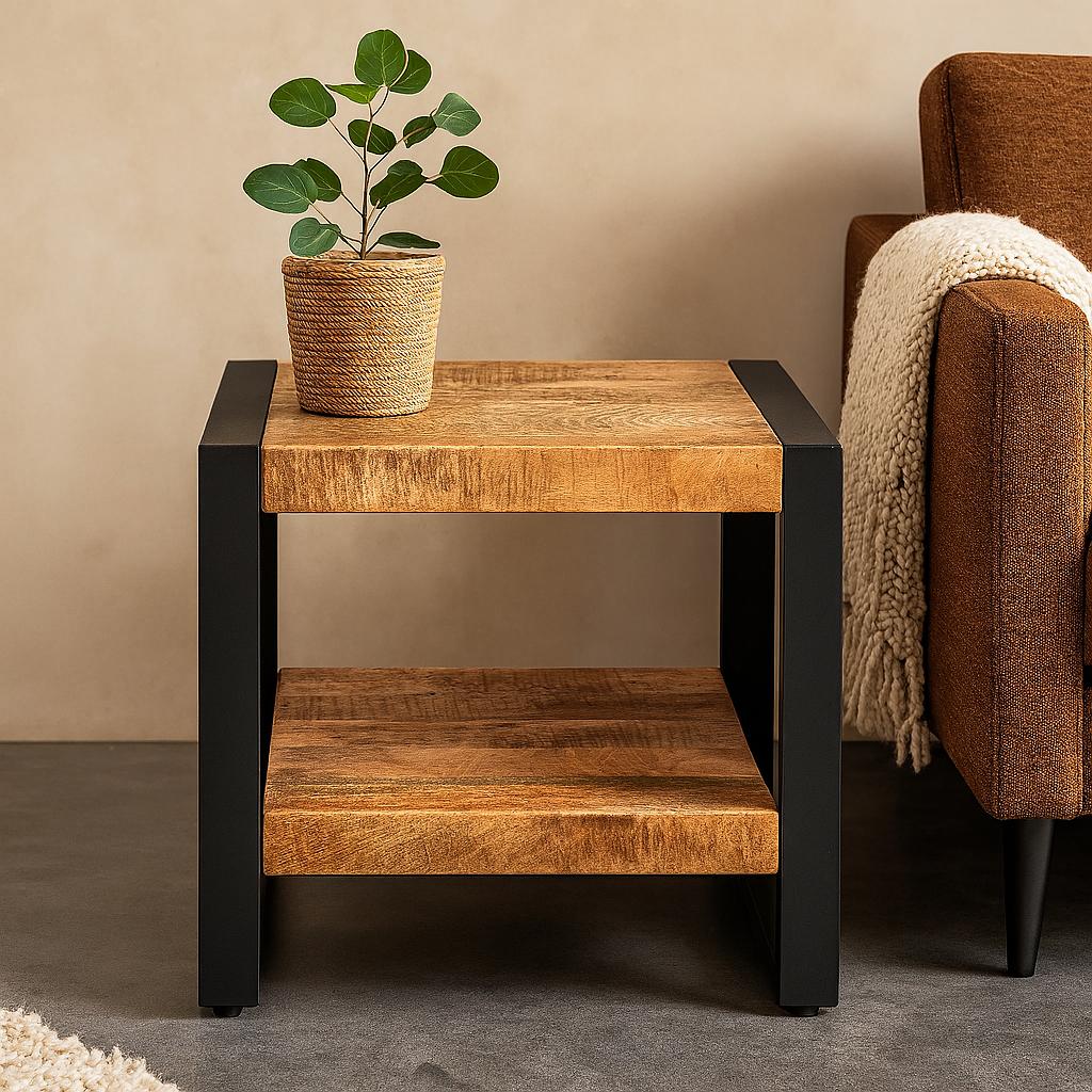 Salontafel Bijzettafel Industrieel Design | Mangohout en Staal | 50x50x45