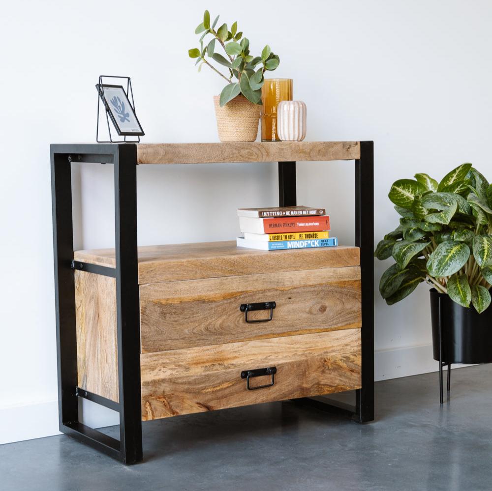 Mangohout kastje met 2 lades Industrieel Design | Mangohout en Staal | 80x40x80cm - Industrieelinhuis.nl