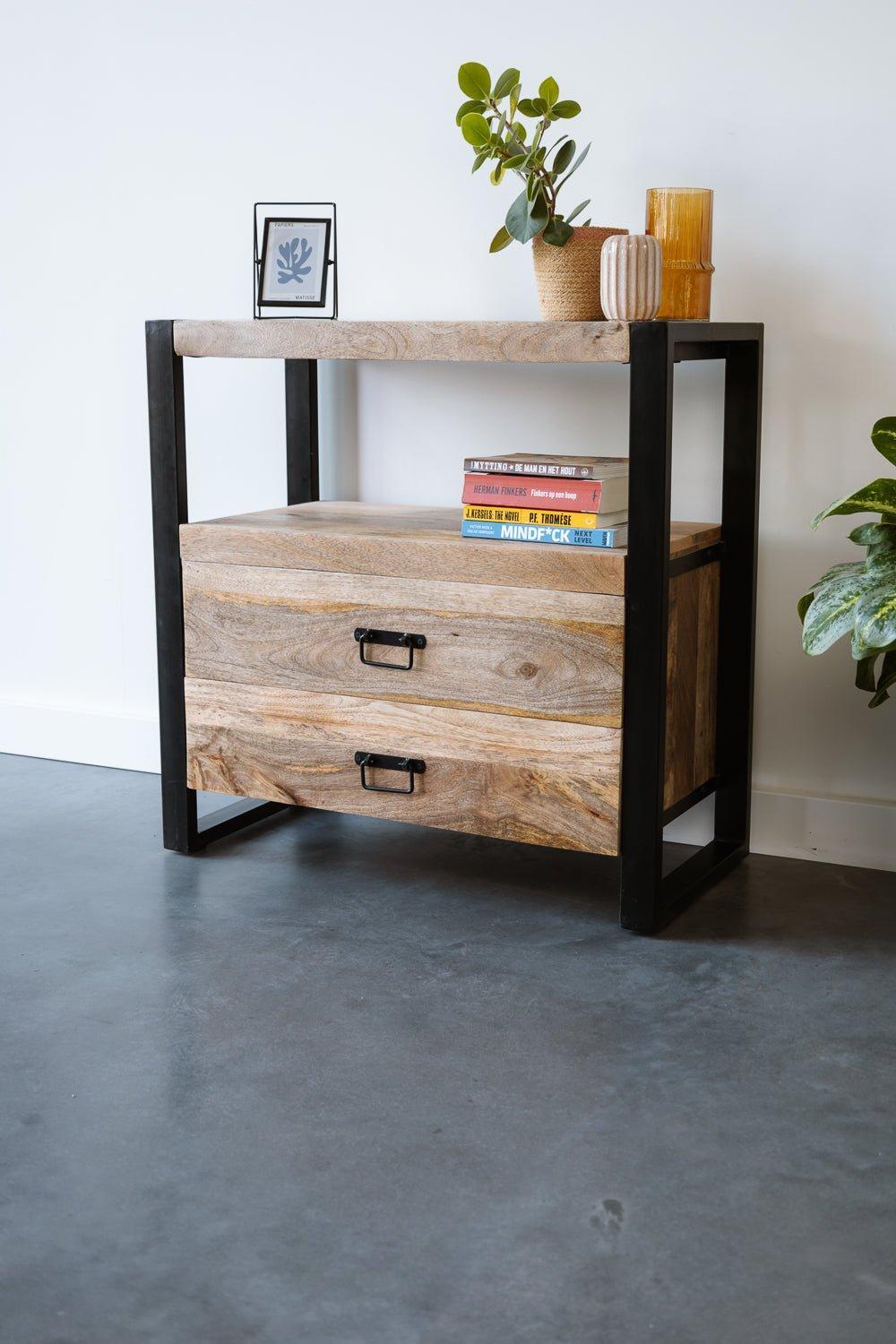 Mangohout kastje met 2 lades Industrieel Design | Mangohout en Staal | 80x40x80cm - Industrieelinhuis.nl