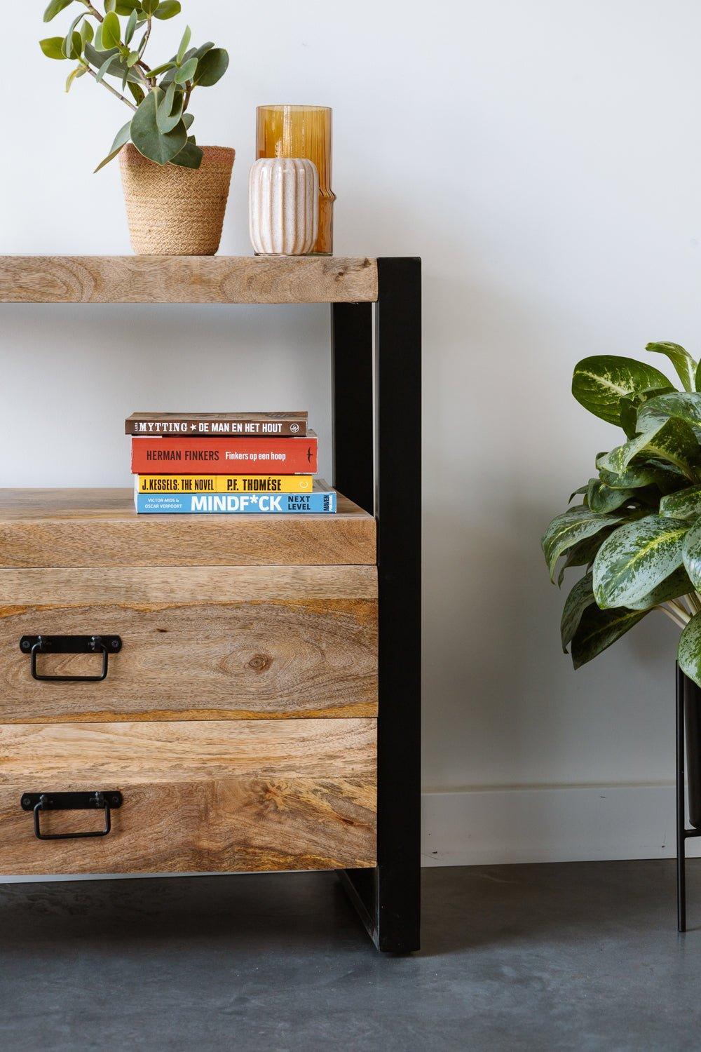 Mangohout kastje met 2 lades Industrieel Design | Mangohout en Staal | 80x40x80cm - Industrieelinhuis.nl