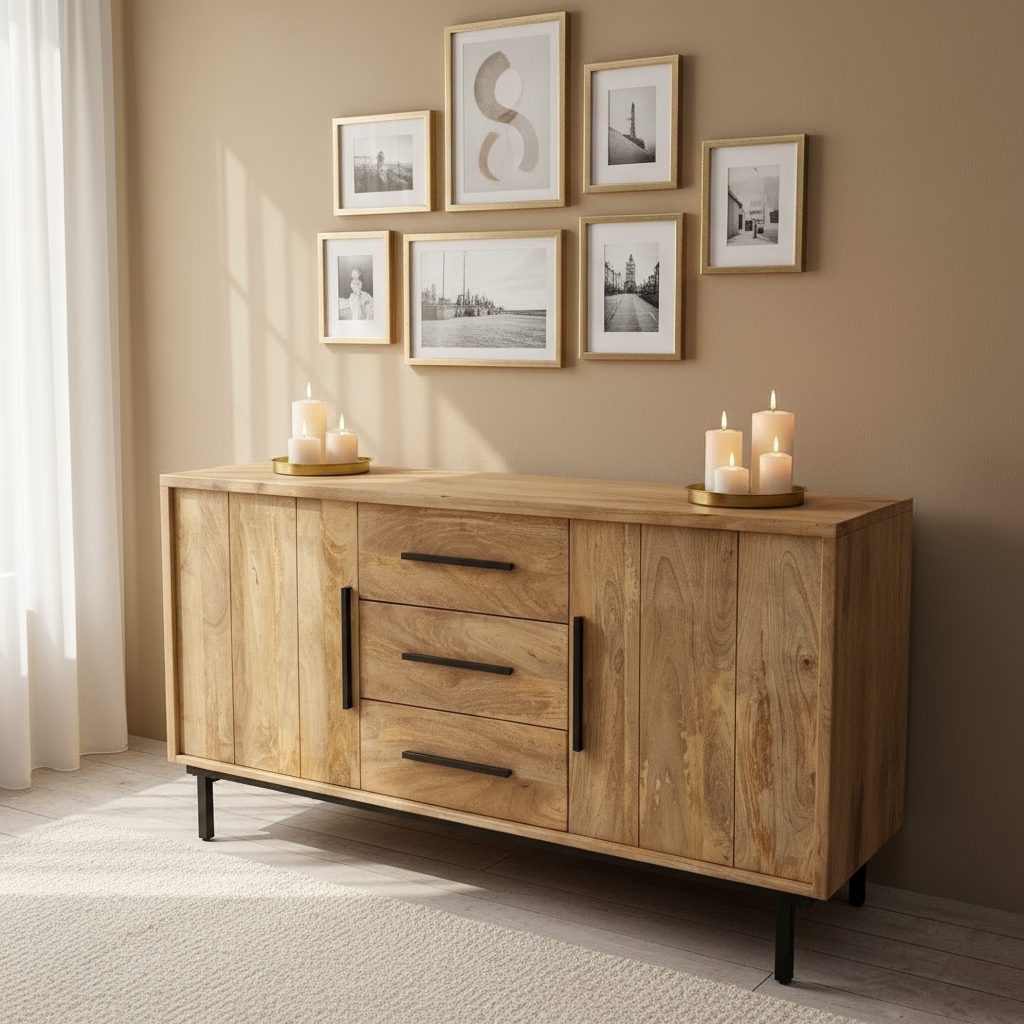 Dressoir Jayden – Mangohout & Industrieel Design | 3 Lades & Deuren | 155×40×80 cm