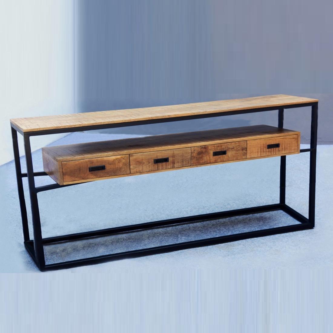 Sidetable mangohout met vier lades | Mangohout en Staal | 180x35x77