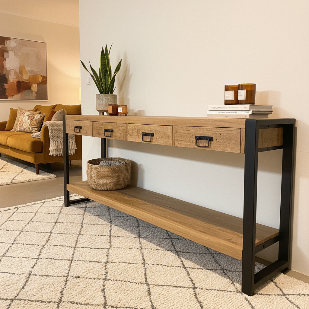 Sidetable met vier lades  | Mangohout en Staal | 180x35x76cm