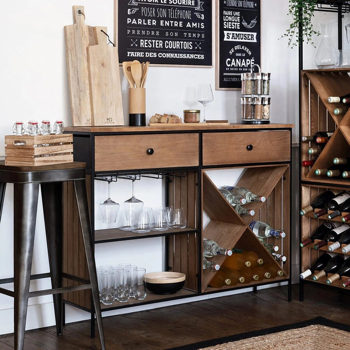 Wijnkast Dressoir Barkast "Jochem" Industrieel Design | Essenhout en Staal | 118x32x94cm - Industrieelinhuis.nl