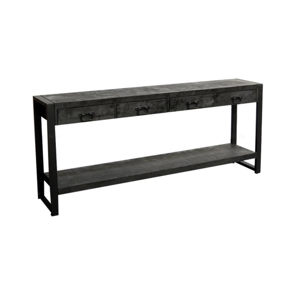 Zwarte sidetable met vier lades | Zwart Mangohout en Industrieel | 180x35x76cm