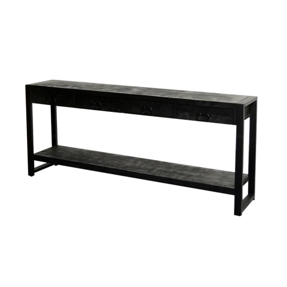 Zwarte sidetable met vier lades | Zwart Mangohout en Industrieel | 180x35x76cm