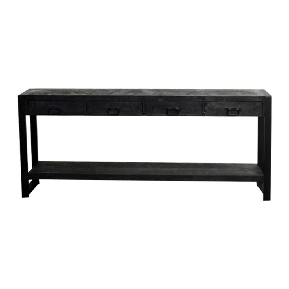 Zwarte sidetable met vier lades | Zwart Mangohout en Industrieel | 180x35x76cm