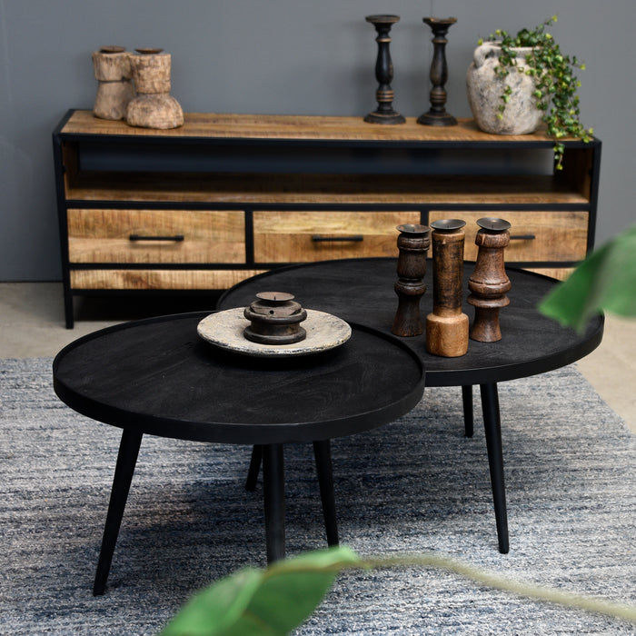 Salontafel set rond Industrieel Design | Mangohout Staal | 58-76cm - Industrieelinhuis.nl