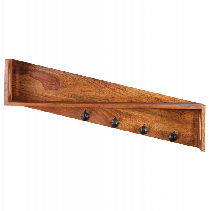 Wandkapstok 87cm massief sheesham hout met 4 haken gangkast wandplank - Industrieelinhuis.nl