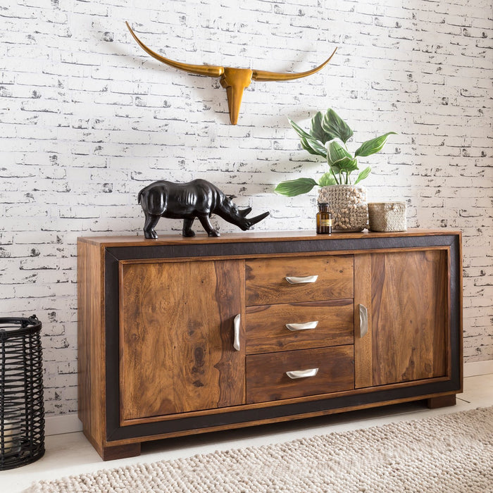 Dressoir Sheesham massief hout 160x44x80 cm ladekast lades & deuren imitatieleer - Industrieelinhuis.nl