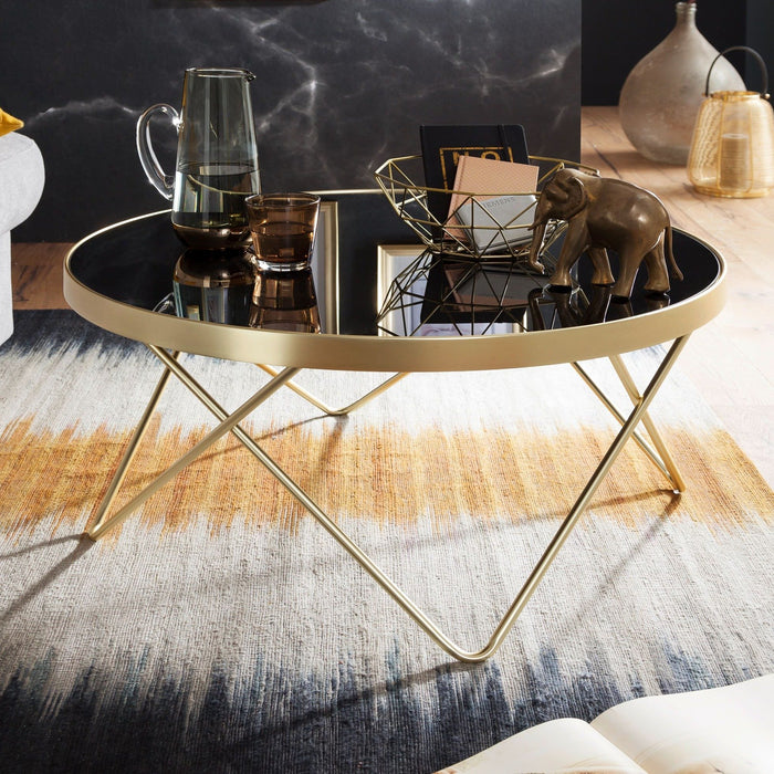 salontafel Zwart/matgouden tafel met glazen blad Woonkamertafel Ø82cm - Industrieelinhuis.nl