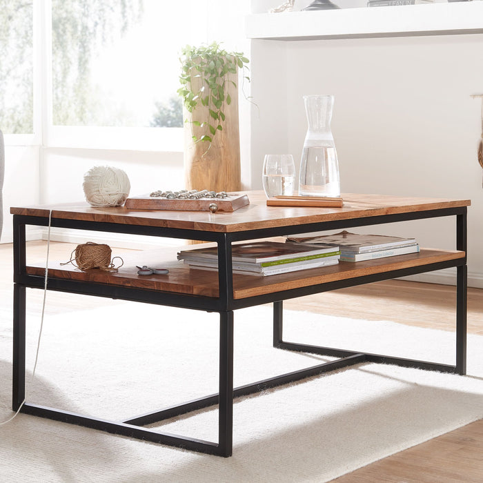 Couchtisch 100x60x45 cm Massivholz Metall Sofatisch Wohnzimmertisch Akazie | Stubentisch Industrial mit Stauraum | Holztisch Kaffeetisch Massiv - Industrieelinhuis.nl