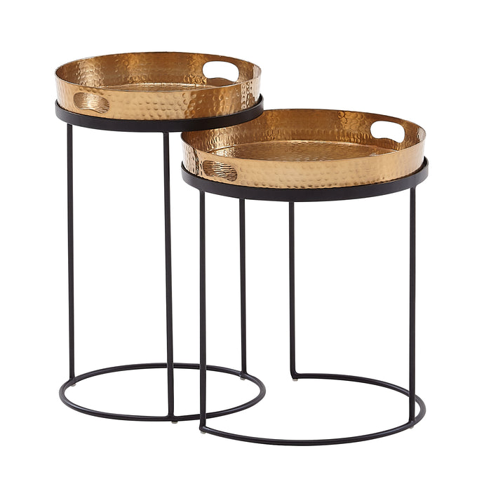 Beistelltisch 2er Set Gold / Schwarz Metall Hammerschlag Satztisch Rund | Couchtisch abnehmbares Tablett | Tabletttisch Sofa 2 teilig Modern | Runder Sofatisch - Industrieelinhuis.nl