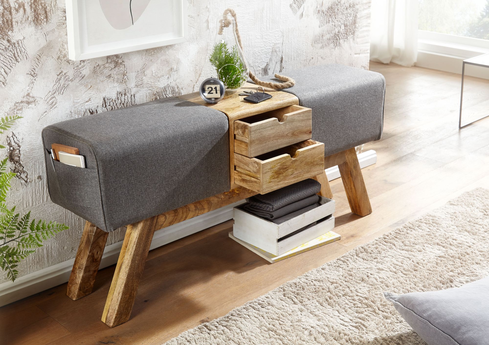 Design Turnbock Sitzbank Grau mit Schubladen 120x56x30 cm | Turnhocker Bank aus Stoff mit Stauraum | Hocker Garderobenbank Sitzhocker Springbock Turnbank - Industrieelinhuis.nl