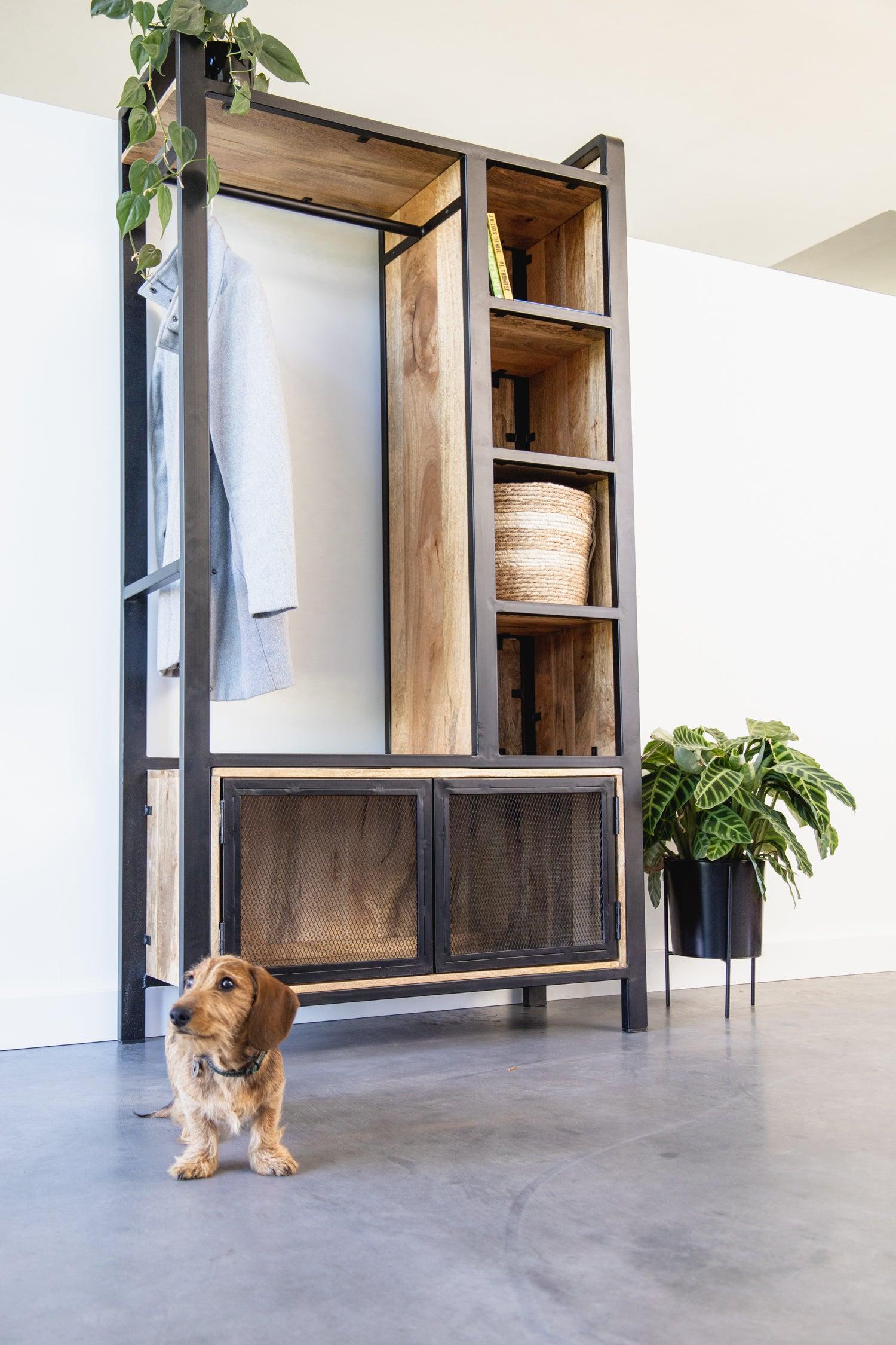 Garderoberek met rail en schappen Industrieel Design | Mangohout en Staal | 100x40x190cm