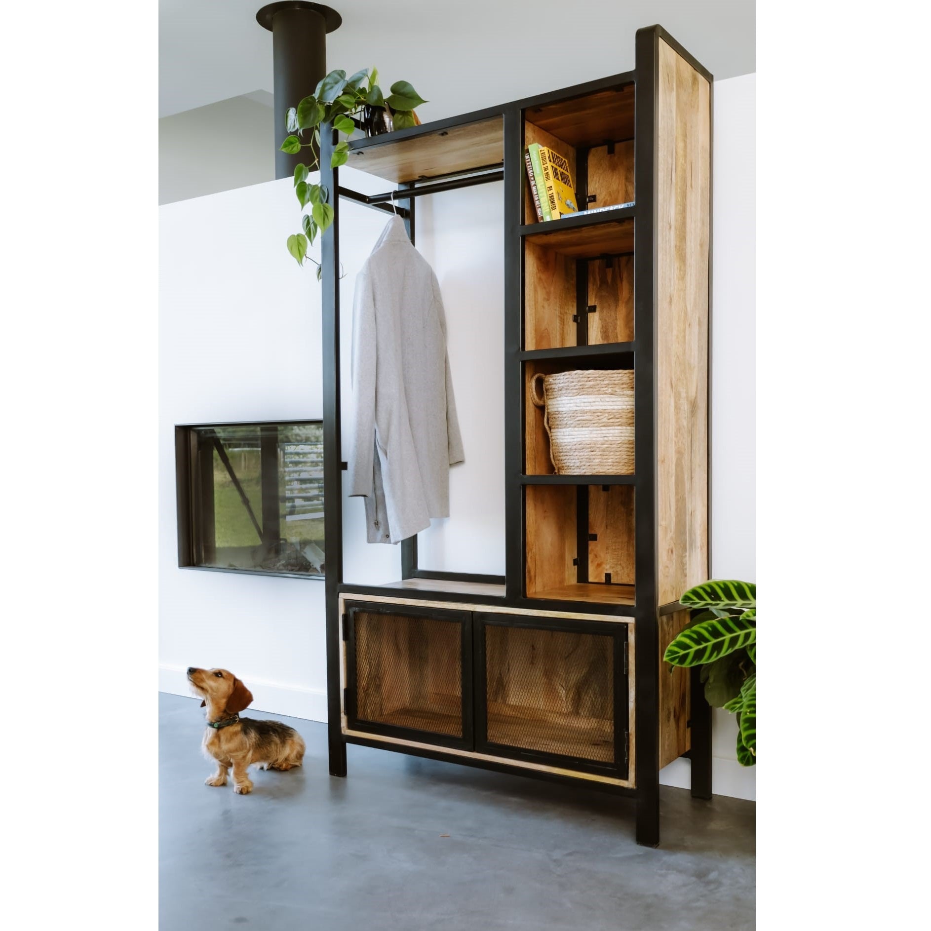 Garderoberek met rail en schappen Industrieel Design | Mangohout en Staal | 100x40x190cm