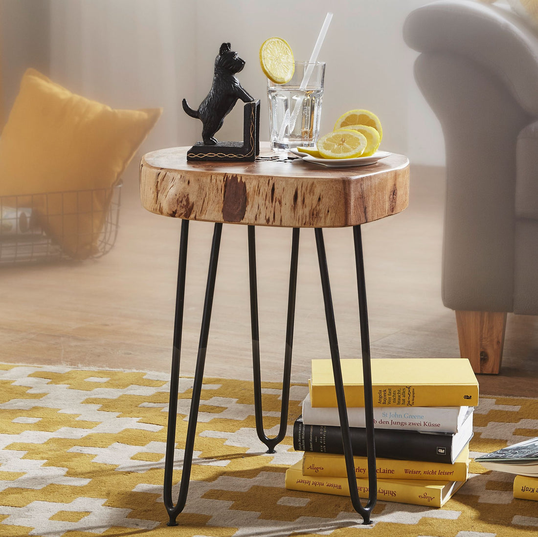 Massief houten acacia salontafel met haarspeldpoten 35 x 35 cm | ronde salontafel