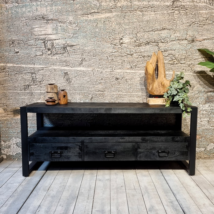 TV-meubel Industrieel Design | Zwart Mangohout en Staal | 150x45x60cm - Industrieelinhuis.nl