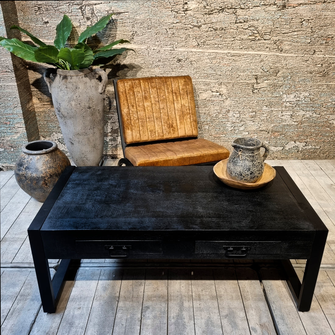 Salontafel met lades Industrieel Design | Zwart Mangohout en Staal | 120x60x45cm
