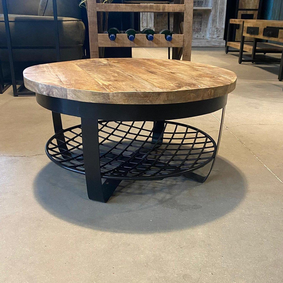 Salontafel Rond Industrieel Design | Mangohout en Staal | 90x40cm