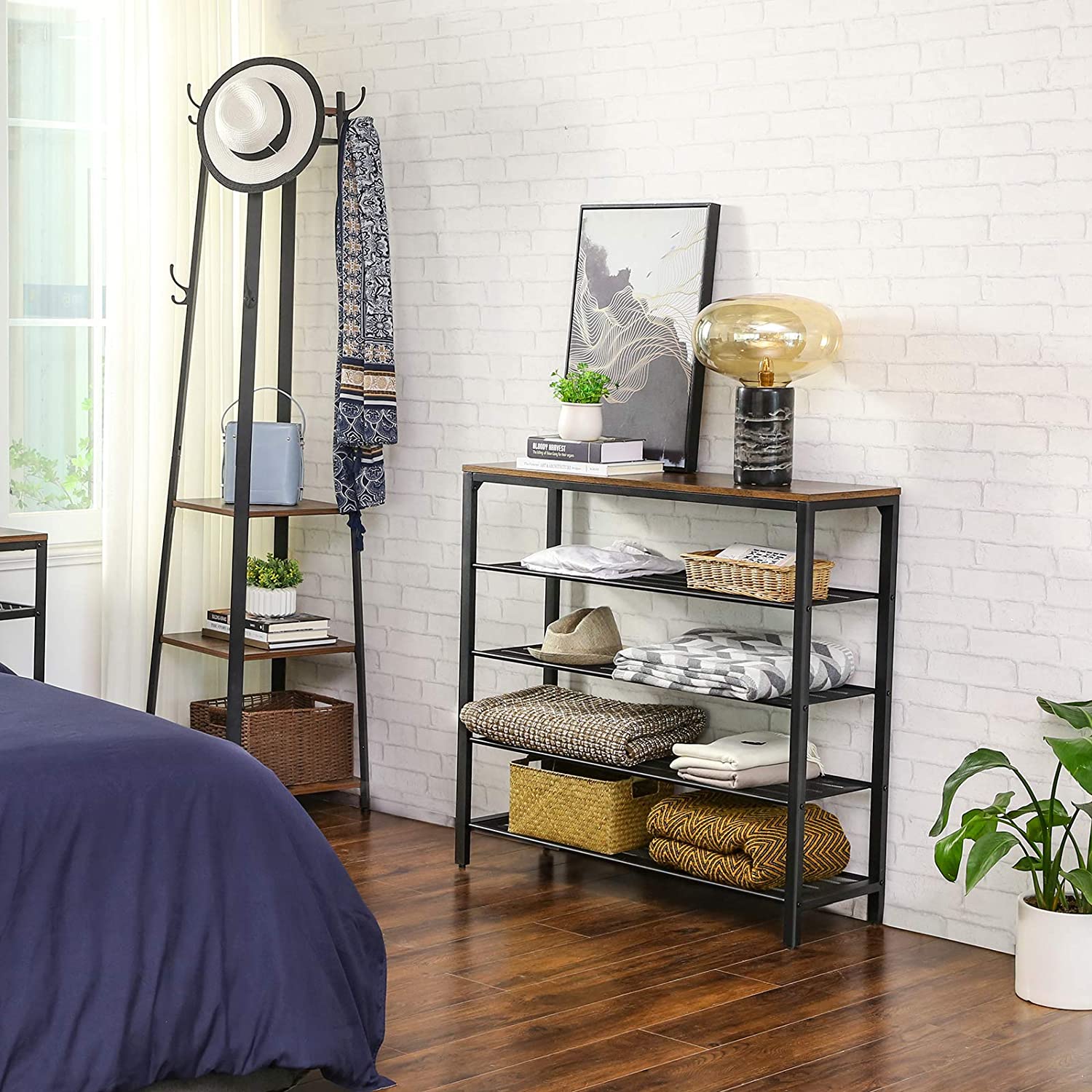 Schoenenrek industrieel | Houtlook en Staal | 100x30x92,5cm