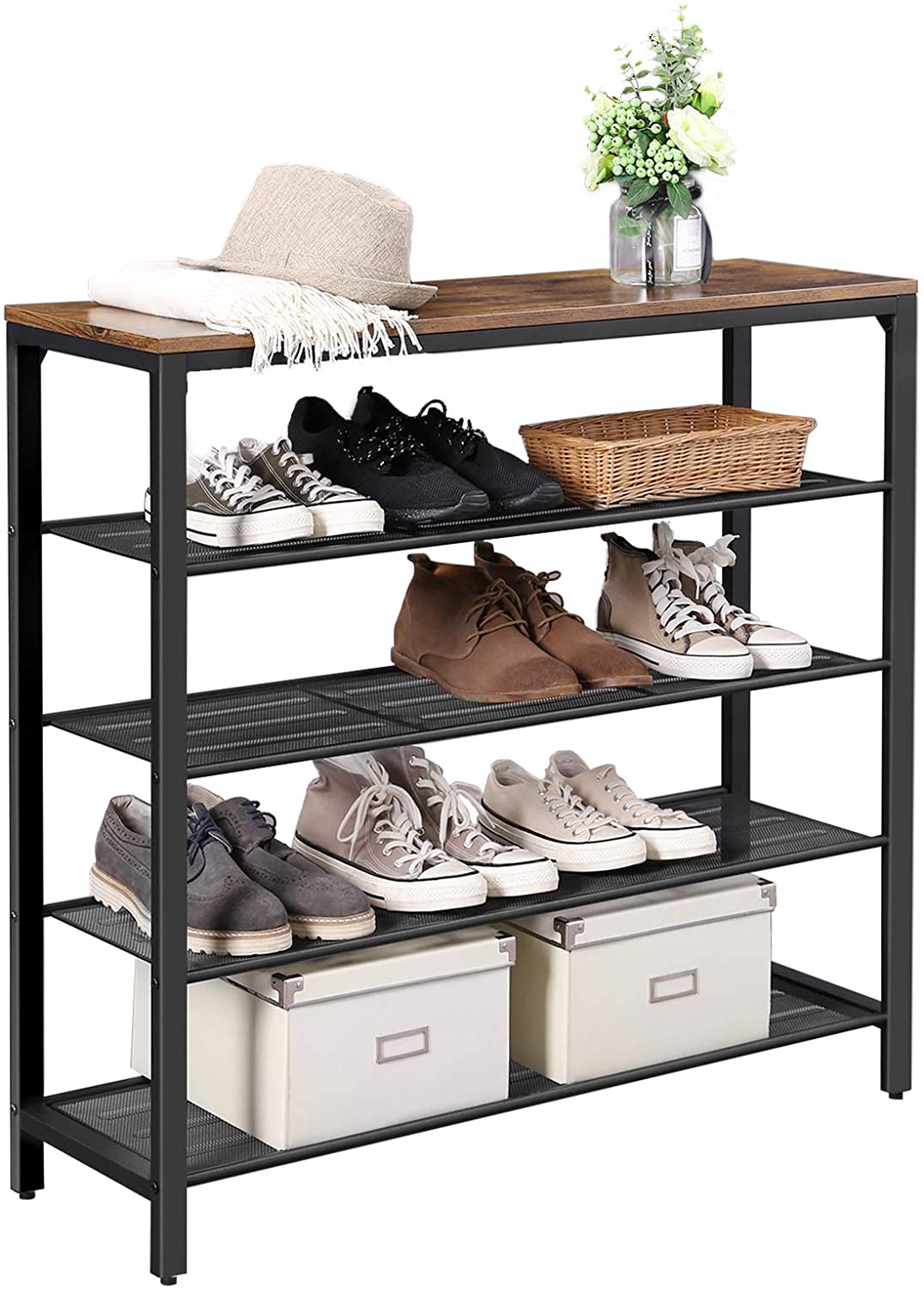 Schoenenrek industrieel | Houtlook en Staal | 100x30x92,5cm