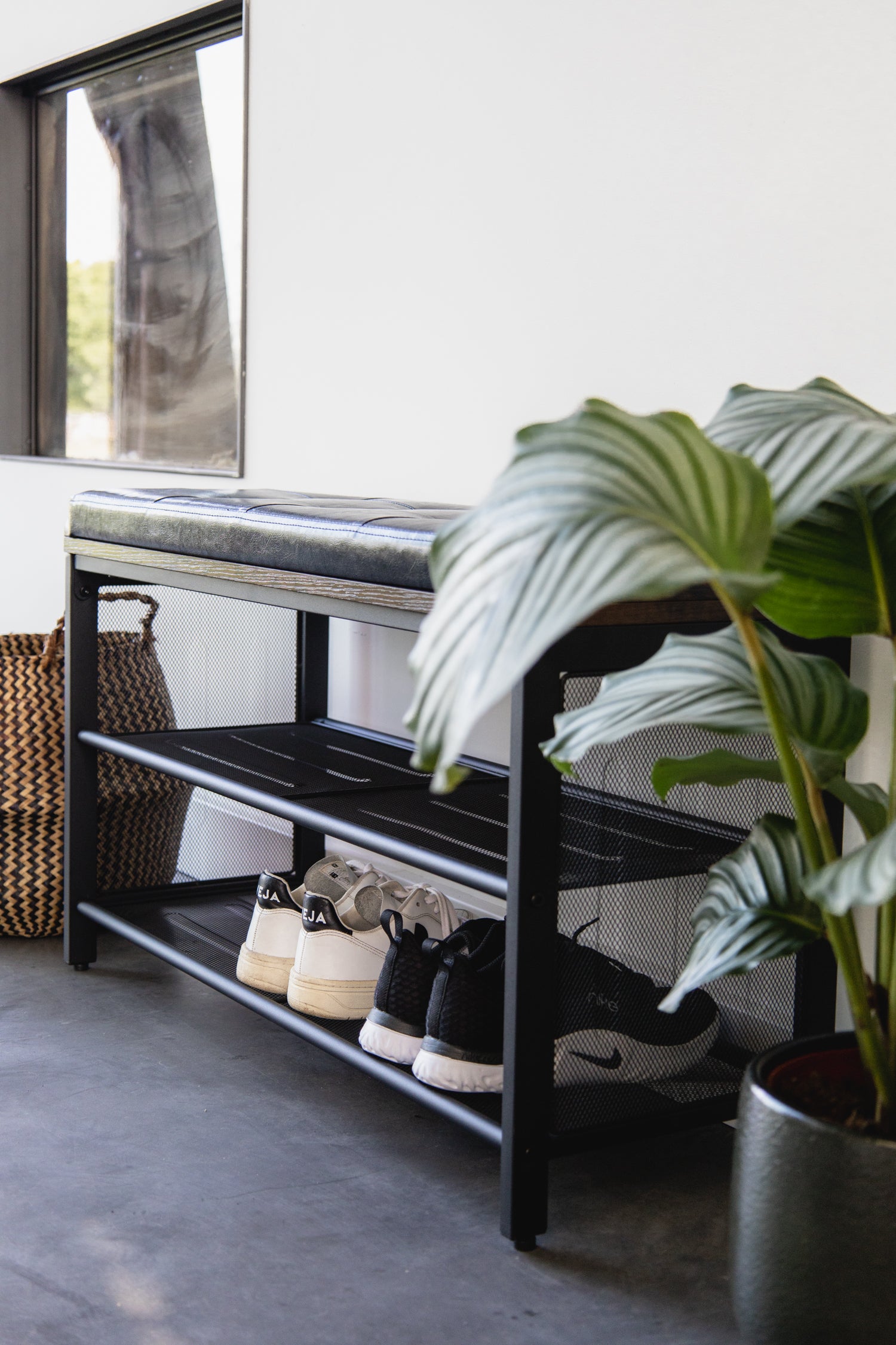 Schoenenrek industrieel met bank | Houtlook en Staal | 80x30x48cm