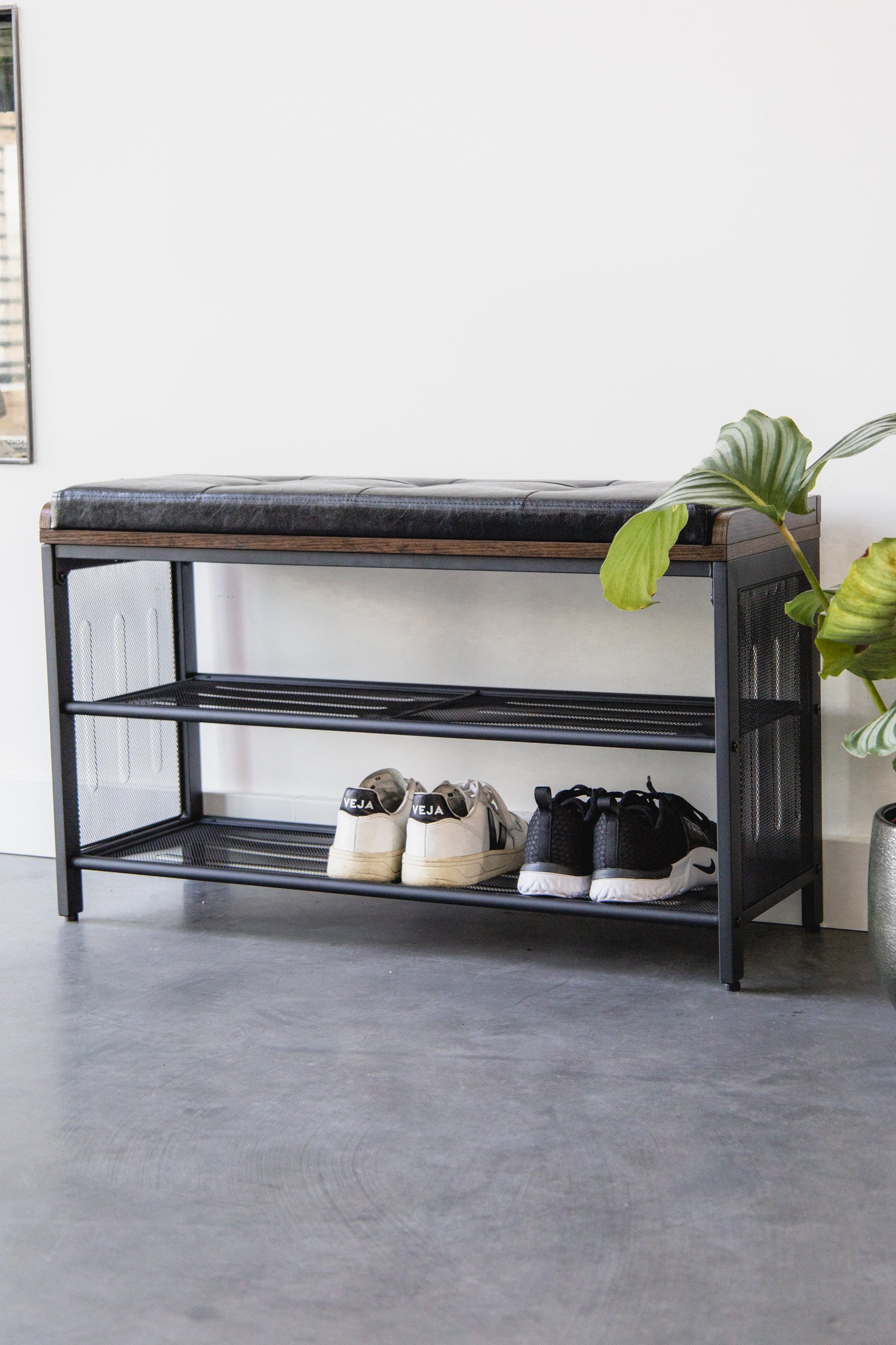 Schoenenrek industrieel met bank | Houtlook en Staal | 80x30x48cm