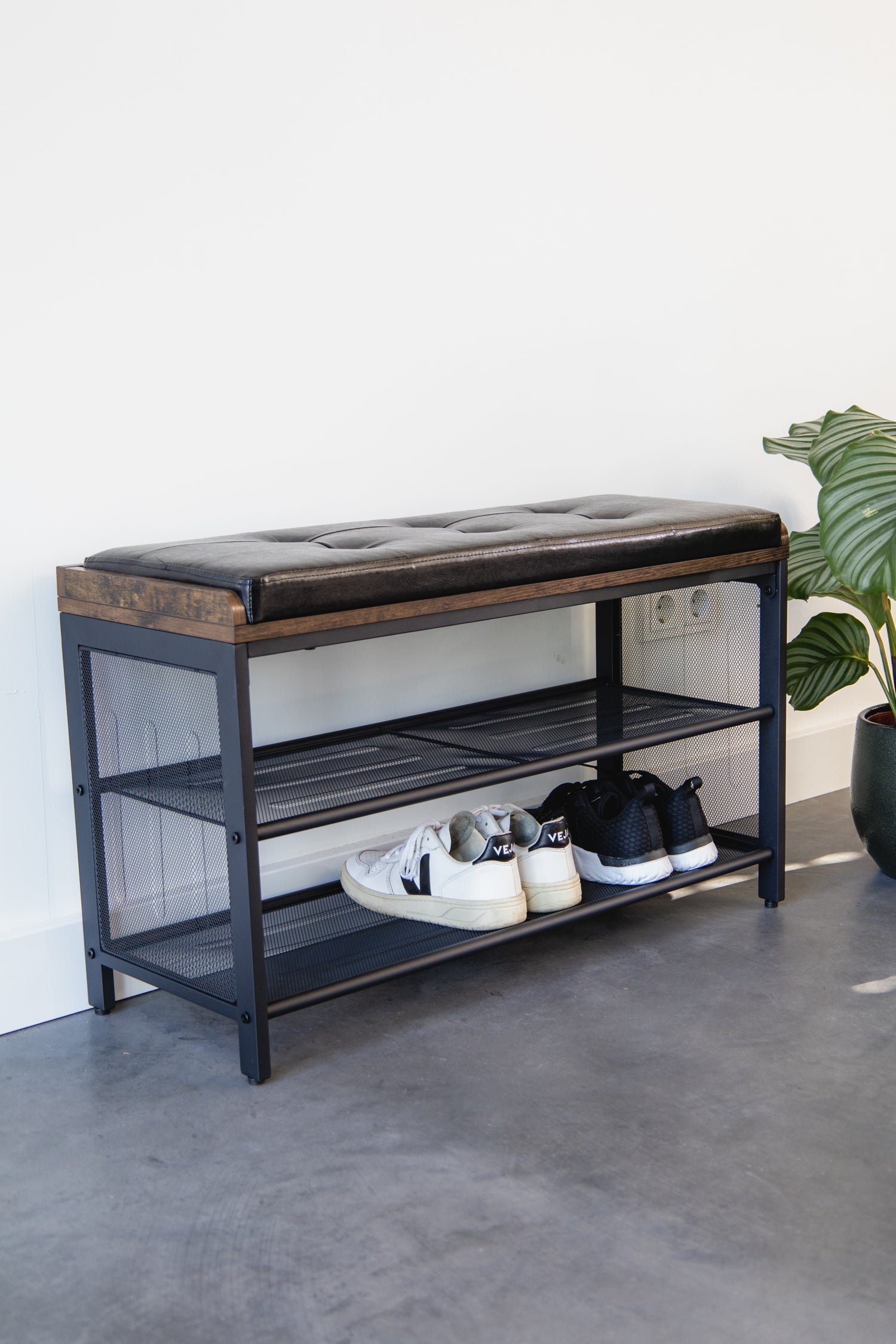 Schoenenrek industrieel met bank | Houtlook en Staal | 80x30x48cm
