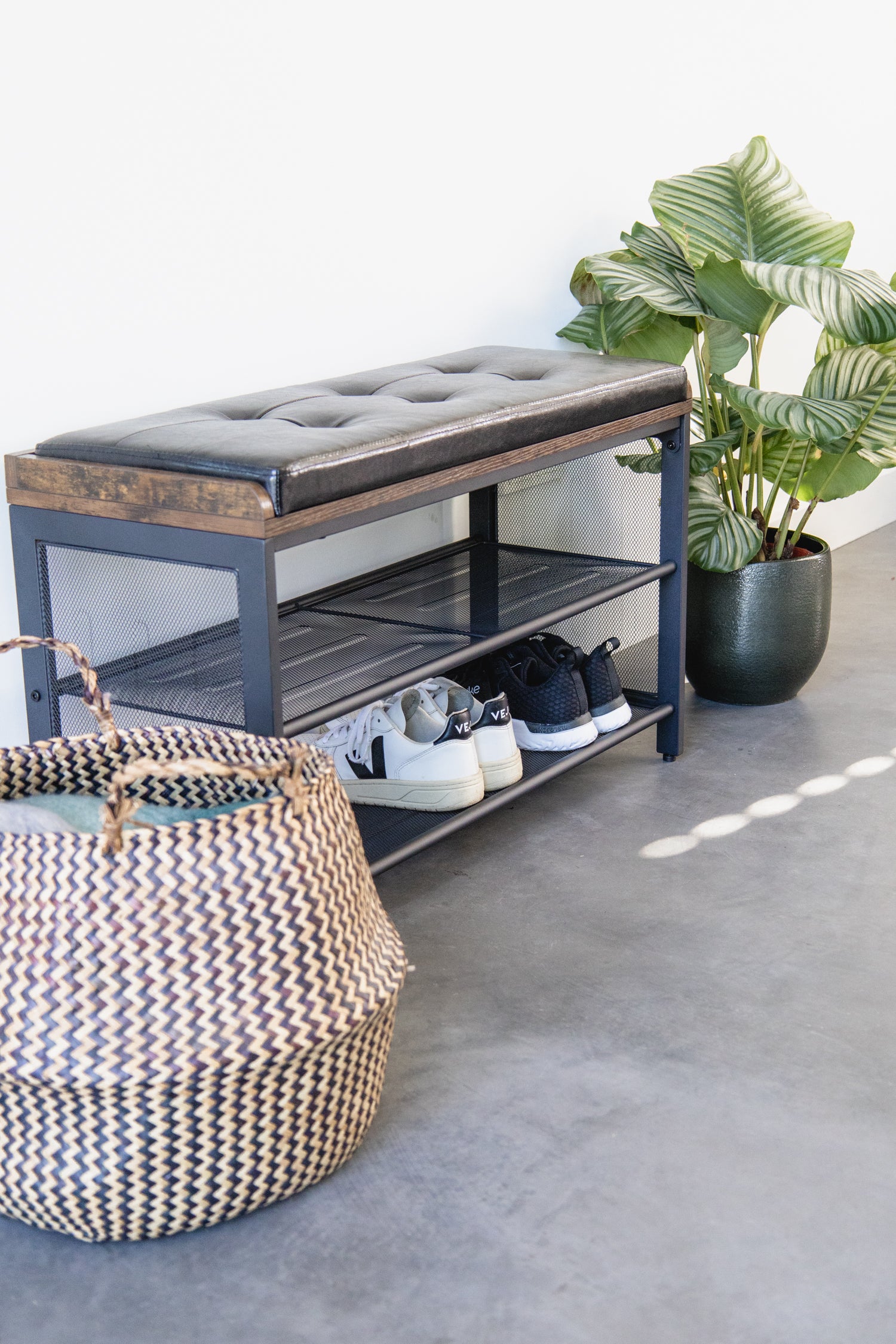 Schoenenrek industrieel met bank | Houtlook en Staal | 80x30x48cm