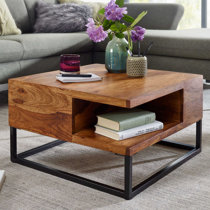 Couchtisch 60x60x34,5 cm Sheesham Massivholz / Metall Sofatisch Eckig | Wohnzimmertisch mit Stauraum | Kaffeetisch Massiv | Kleiner Tisch Beistelltisch Wohnzimmer Modern Quadratisch - Industrieelinhuis.nl