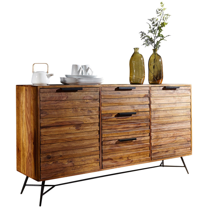 Design Sideboard NISHAN 160 x 40 x 88 cm Sheesham Massiv Holz | Kommode mit Türen & Schubladen | Massive Anrichte Industrial | Massivholz Schrank mit Metallbeinen - Industrieelinhuis.nl