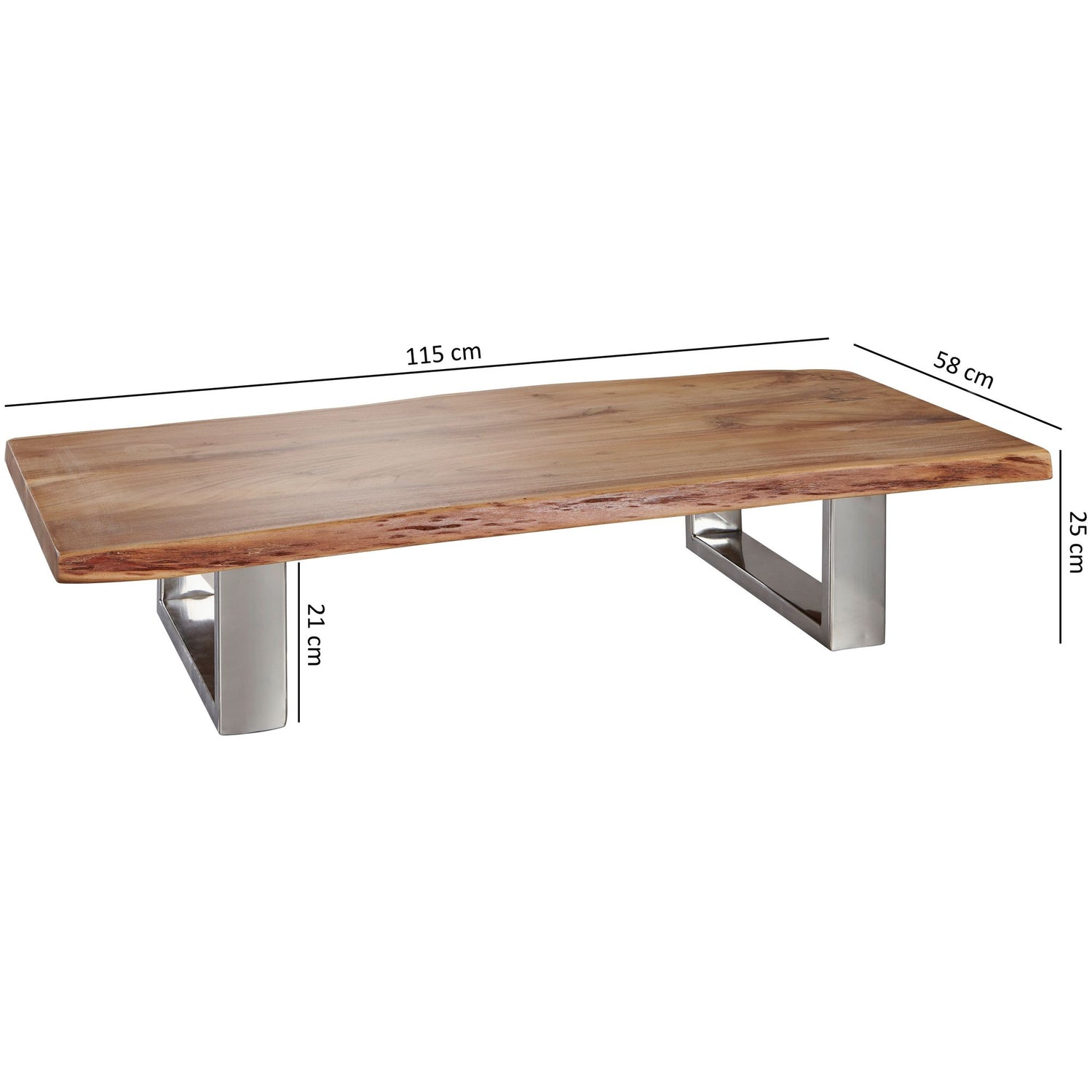 Salontafel 115 x 25 x 58 cm massief acaciahout metalen frame groot | Boomstam salontafel massief hout bruin | Boomrand tafel houten tafel | Tafel woonkamer salontafel