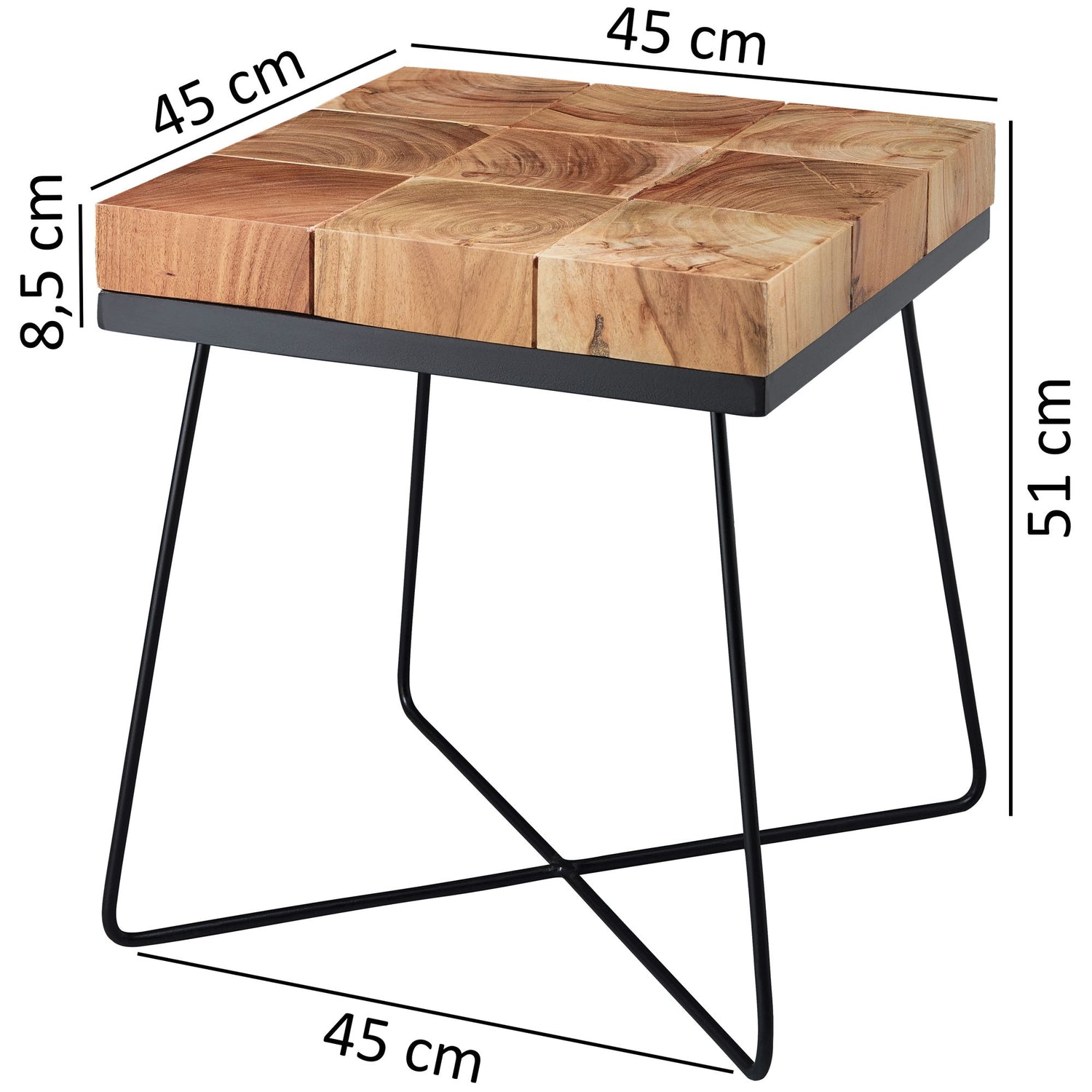 Bijzettafel acacia 45x45cm massief houten salontafel woonkamer