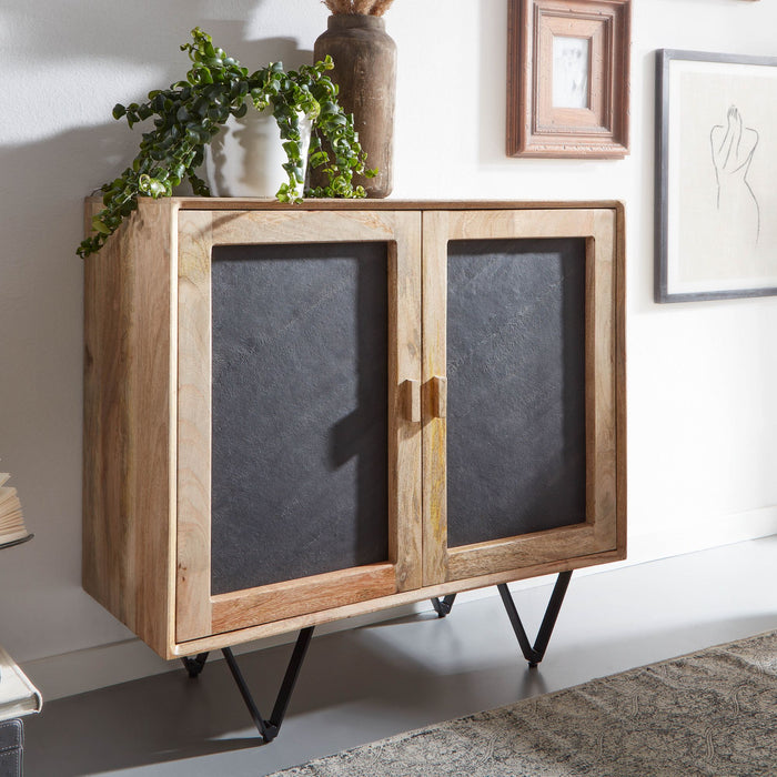 Sideboard 80x75x35 cm Mango Massivholz / Stein Anrichte Braun | Kommode mit 2 Türen | Kleiner Kommodenschrank Holz Massiv | Standschrank Mehrzweckkommode mit Metallgestell - Industrieelinhuis.nl