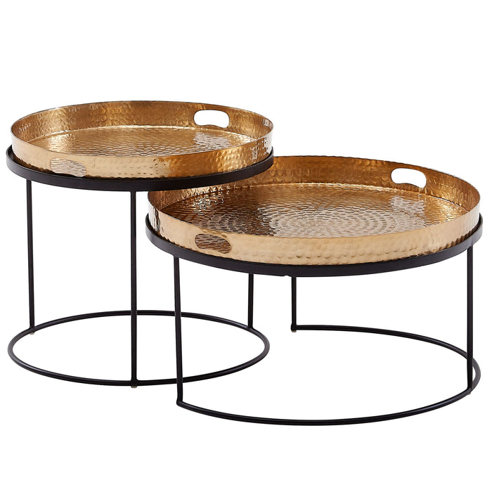 Couchtisch 2er Set Gold / Schwarz Metall Hammerschlag Satztisch Rund | Sofatisch abnehmbares Tablett | Tabletttisch Sofa 2 teilig Modern | Runder Beistelltisch - Industrieelinhuis.nl